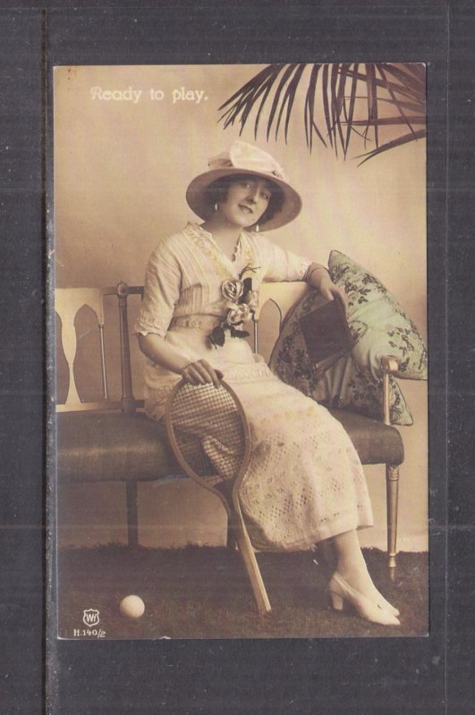 TENNIS, WOMAN WITH RACQUET, READY TO PLAY, c1930 British ppc., unused.