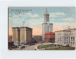 Postcard City Hall Park Frye Hotel and L. C. Smith Building Seattle WA USA