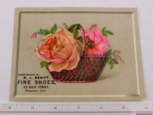1870s-1880s Embossed Victorian Trade Card P. J Devitt Fine Shoes Basket Roses #B