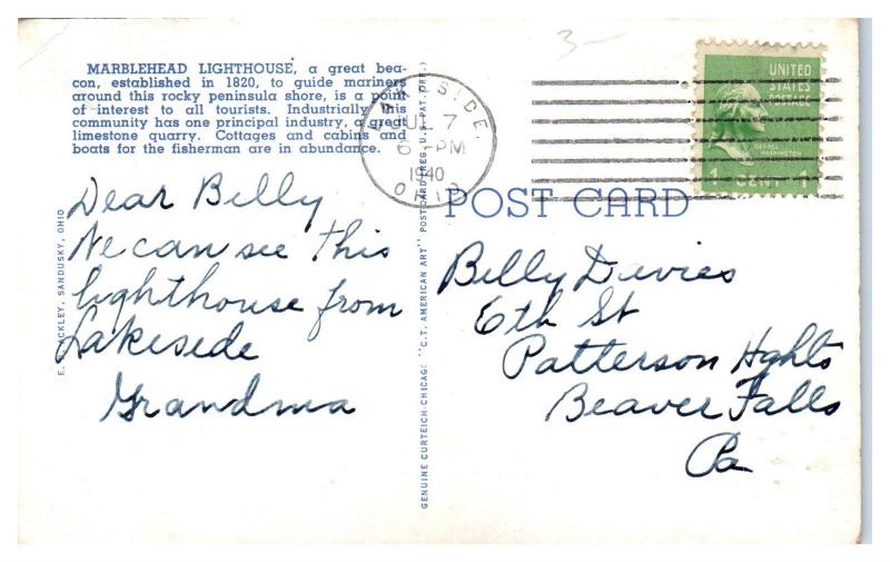1940 Marblehead Lighthouse, Lake Erie, Marblehead, OH Postcard