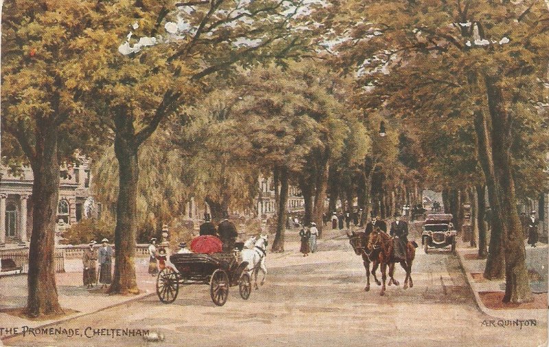 A.R.Quinton The. Promenade. Cheltenham. Horses Old vintage English postcard