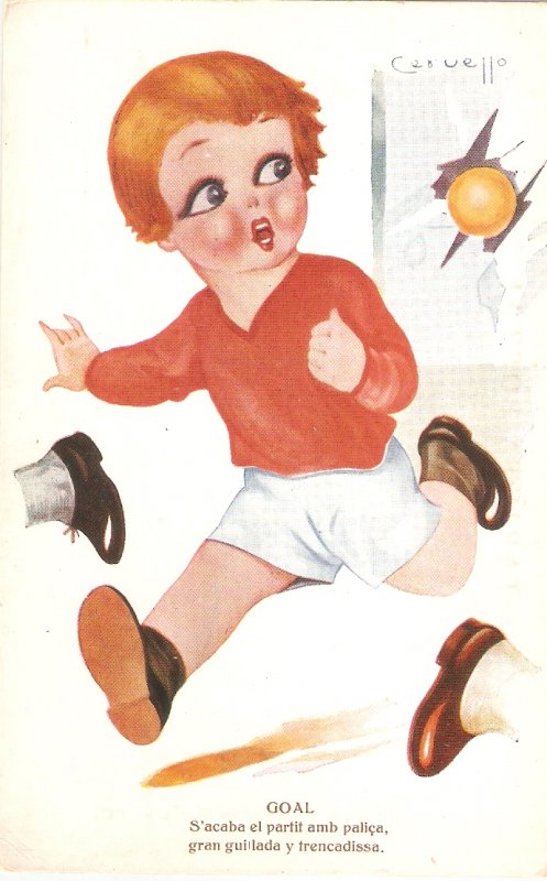Cervello. Boy playing football. Goal  Curious Spanish Postcard 1920s