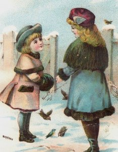 1880s Victorian Religious Trade Card Bible Quote Winter Snow Children F147