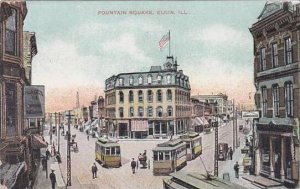 Illinois Elgin Fountain Square Street Scene Trolleys