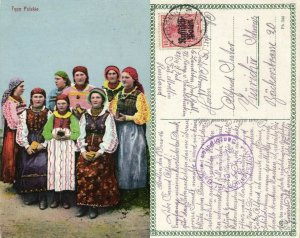 poland, Polish Types, Women in Costumes (1916) Postcard WWI Feldpost Cancel