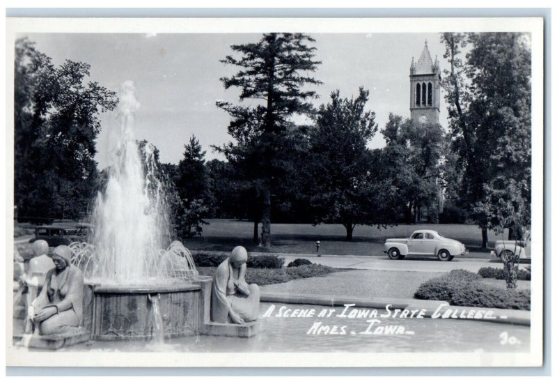 Ames Iowa IA RPPC Photo Postcard Fountain Scene at Iowa State College c1940's