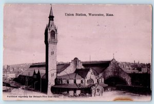 c1907 Worcester Massachusetts MA Vintage Postcard Union Station Tower Posted