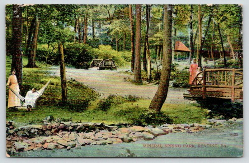 Reading PA~Mineral Spring Park~Lady in Hammock~Girls on Bridge~Shelter~c1910 