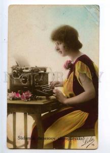 235326 GREETING Woman prints letter TYPEWRITER Vintage PHOTO