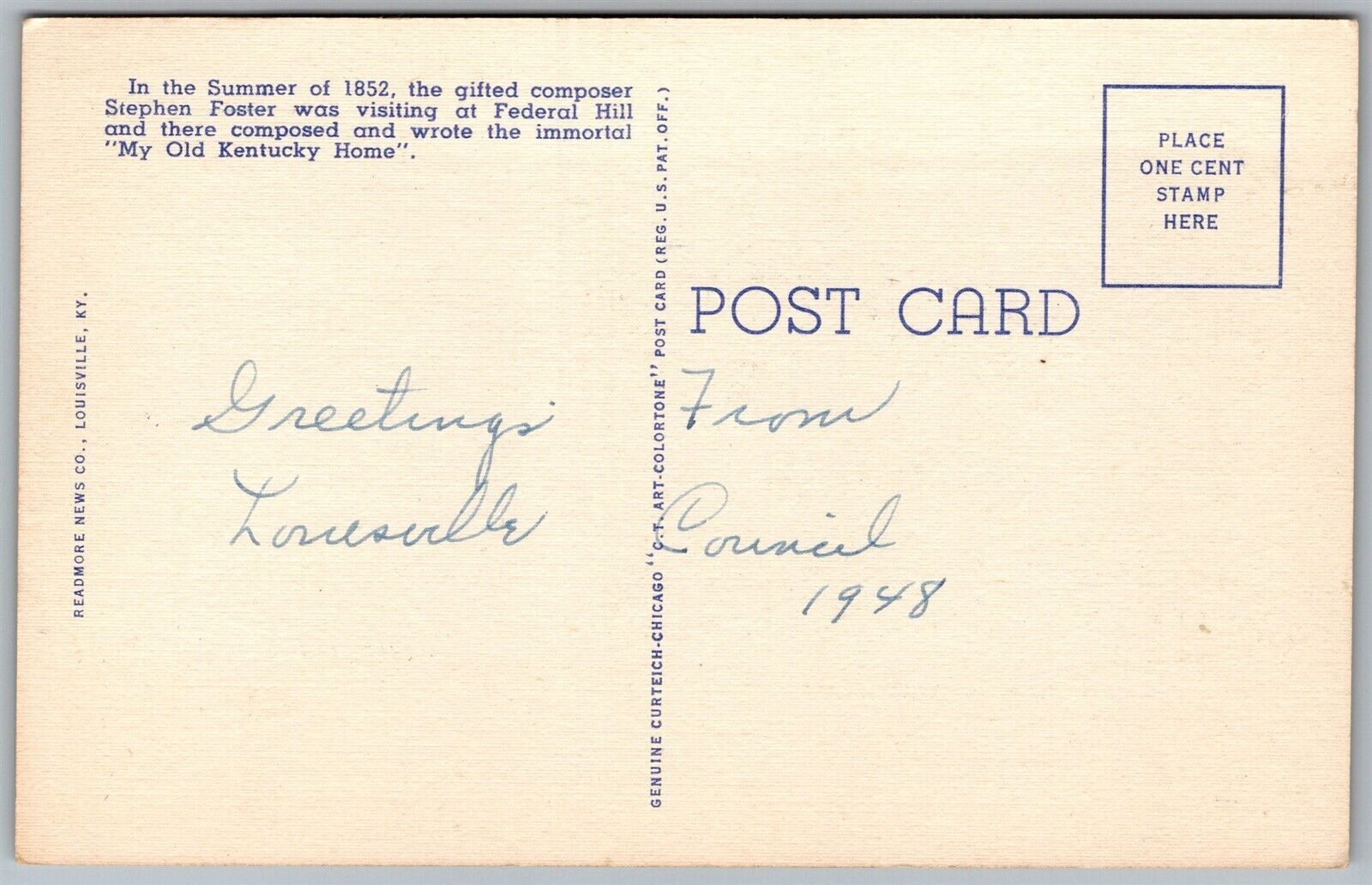 Vtg My Old Kentucky Home Song Stephen Foster Cabin KY 1930s Linen