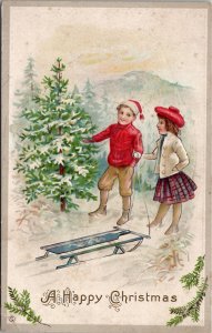 Happy Christmas Children with Sled Find Perfect Tree  Postcard Z1