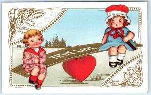 Art Deco  VALENTINE Children TRUE LOVE ~ TEETER TOTTER c1910s Whitney Postcard