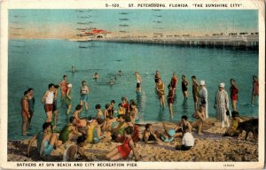 Bathers at Spa Beach, Recreation Pier St Petersburg FL c1929 Vtg Postcard E03