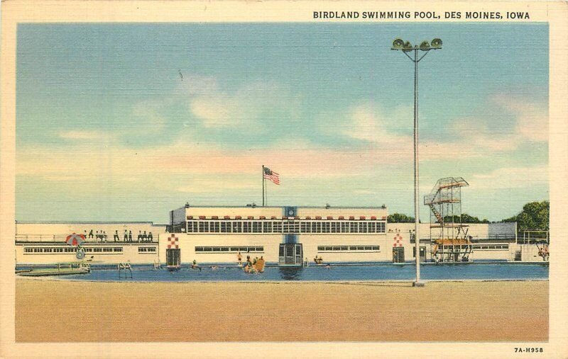 Iowa Des Moines Birdland Swimming Pool flag Hyman's Teich Postcard 22-6852