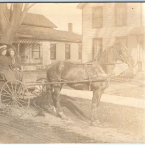 c1900s Cute Young Ladies Runabout Carriage RPPC Dirt Street Real Photo Town A135