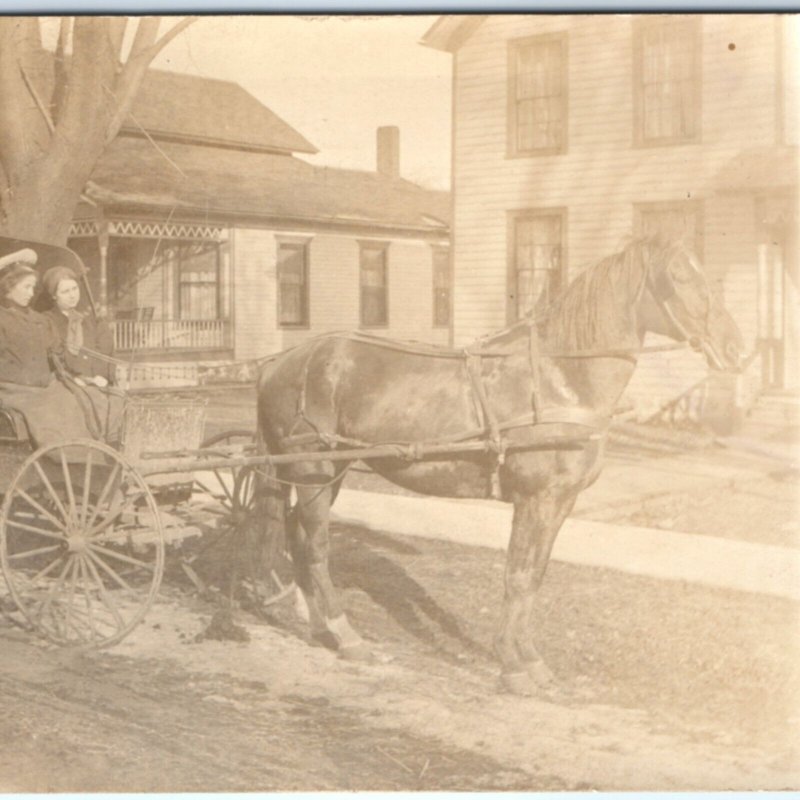 c1900s Cute Young Ladies Runabout Carriage RPPC Dirt Street Real Photo Town A135