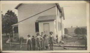 Farm House Family Mom Dad & Kids Overalls c1910 Real Photo Postcard