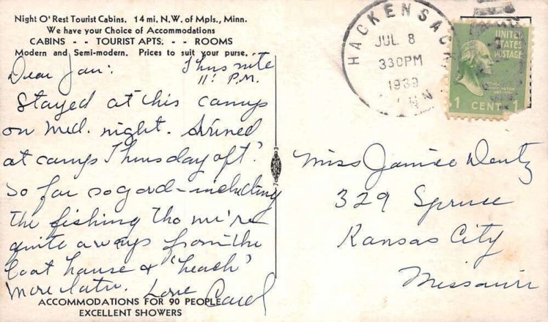 Anoka Minnesota Night O Rest Cabins Vintage Postcard AA65532