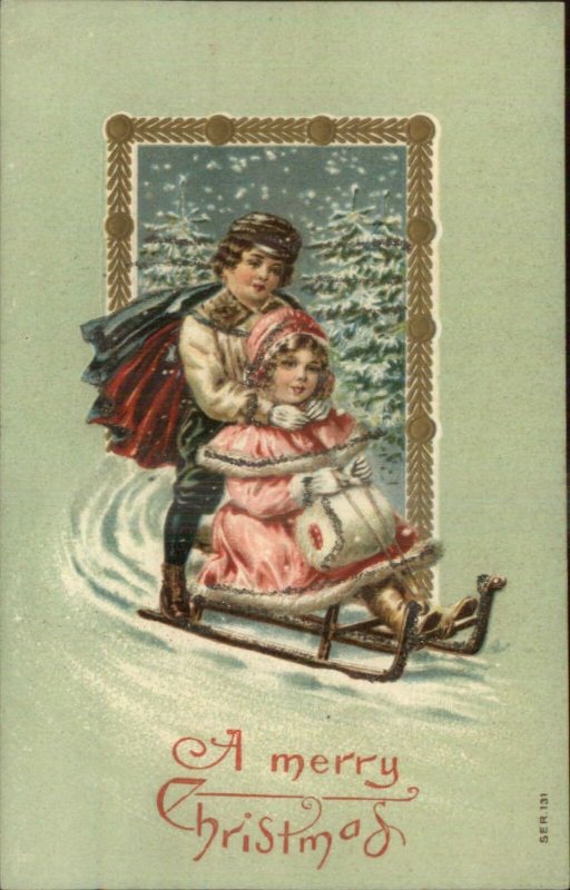 Christmas - Series 131 Children Sledding c1910 Postcard w/ Glitter