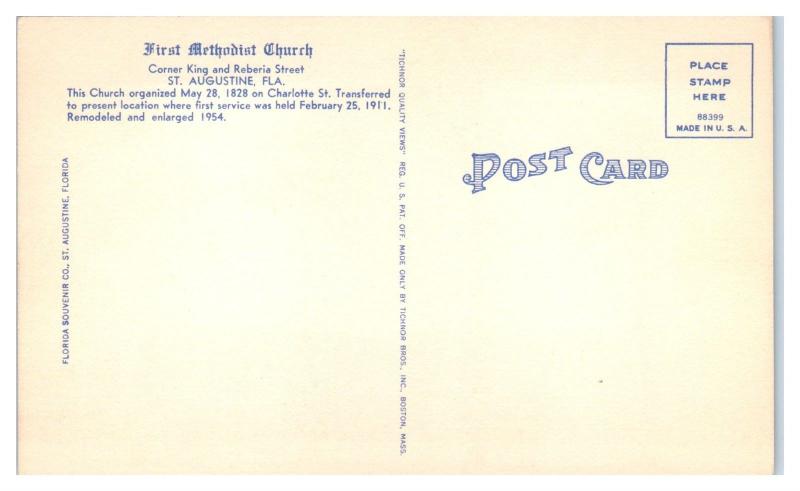Mid-1900s First Methodist Church, St. Augustine, FL Postcard
