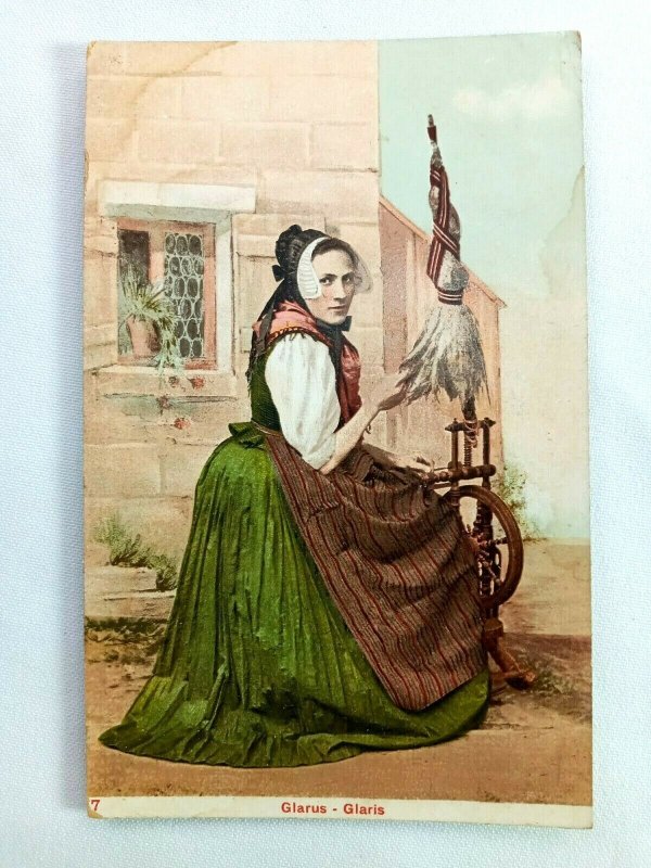 Vintage Postcard Glarus Glaris Woman Threading Cotton
