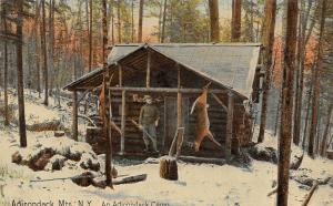 Adironcack Mts~Deer Camp~Man w/Gun On His Log Cabin Porch w/Strung-Up Buck c1910 