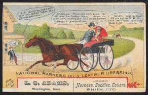 VICTORIAN TRADE CARD Adams Harness Saddles Collars Horse Carriage To Be Wed Pair