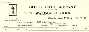 1913 CAMPELLO MASS GEO. E KEITH COMPANY WALK-OVER SHOES BILLHEAD INVOICE Z1153