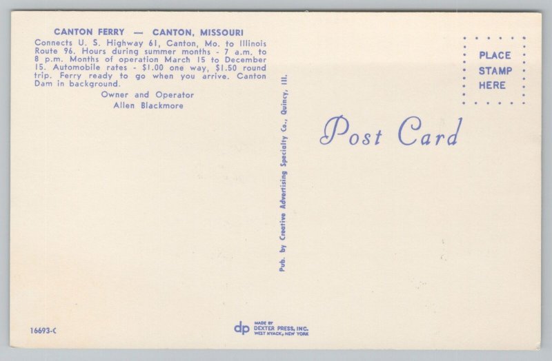 Canton MO~Auto Ferry Boat Crosses Mississippi River~Dam~Grain Elevator~1960s 