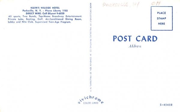 Klein's Hillside Hotel Parksville, New York Postcard