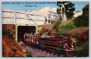 Roanoke Virginia~Mill Mt~Childrens Zoo Choo Train~Fence~Linen 1940s Postcard