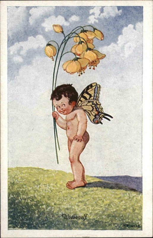 Fantasy Little Fairy Boy w/ Giant Flowers WIESENELF Meadow Elf KRIWUB Postcard