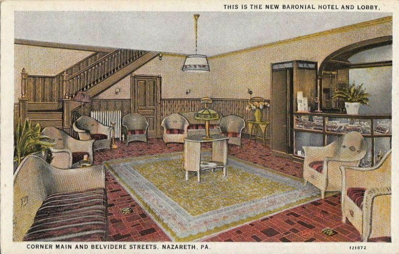 Postcard New Baronial Hotel + Lobby Nazareth PA