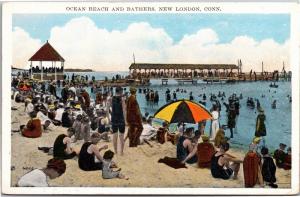 Ocean Beach and Bathers, New London Connecticut Vintage Postcard I03