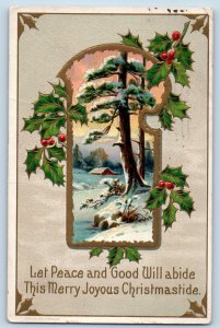 Christmas Postcard Holly Berries Winter Scene Embossed Platteville WI 1912