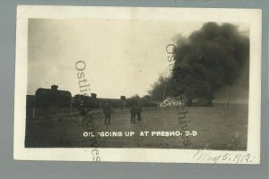 Presho SOUTH DAKOTA RPPC 1912 OIL FIRE Train Tanks nr Chamberlain Pierre Vivian