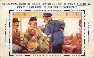 Children Comic Girl Eats Train Ticket Conductor Mad Angry 1920s-30s Postcard
