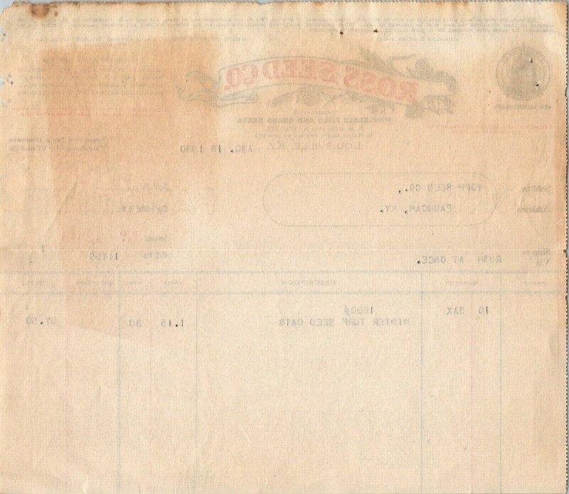 Antique Billhead Invoice Receipt Ross Seed Louisville KY 1930 Farm Agriculture 