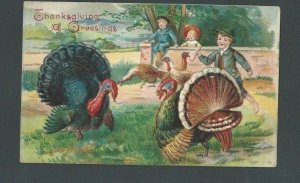 1908 Thanksgiving Greeting W/Turkey & Children Multi-Colored Embossed