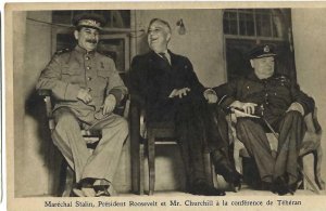 Vintage Postcard. WW2 Conference of the allies  Stalin, Roosevelt and Churchill