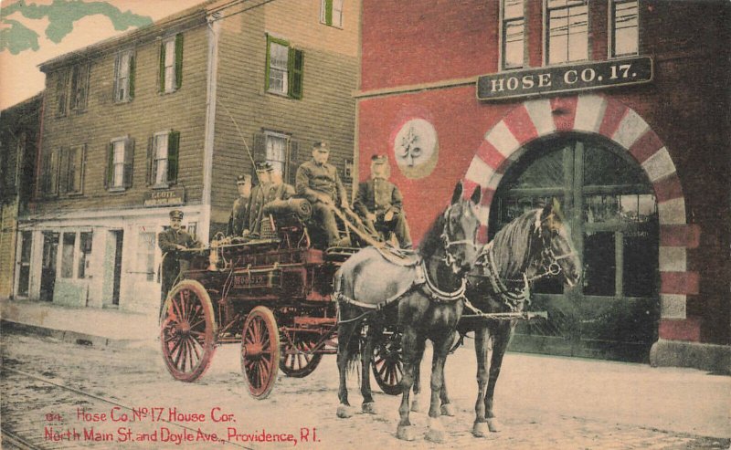 Providence RI Fire Department Hose Company #17 Horse & Fire Wagons Postcard