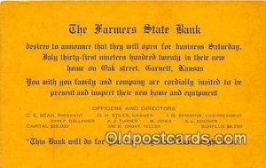 Farmers State Bank Barnett, Kansas, USA  Bank Postcard