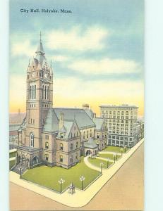 Unused Linen CITY HALL SCENE Holyoke Massachusetts MA hs5849