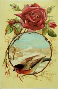 Lot Of 2 Embossed Victorian Cards Winter Scenes Wild-Birds Roses Snow P87