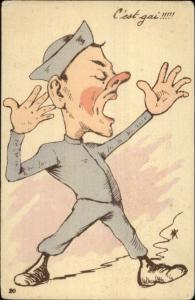 Caricature - French Soldier/Sailor Happy Singing C'est gai!!! c1920 Postcard