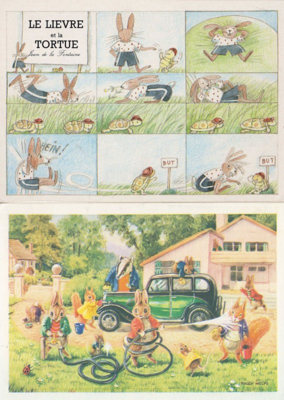 Rabbits Bicycles The Rabbit & The Hare French Comic 2x Postcard s