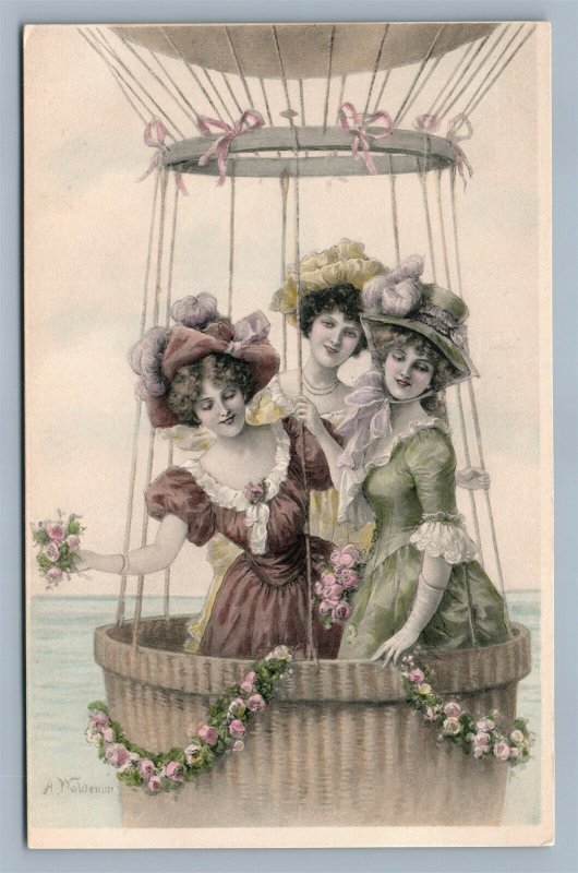 GIRLS in BALLOON AIRCRAFT ANTIQUE ARTIST SIGNED A. WALDEMAR POSTCARD