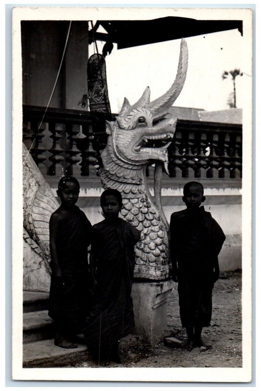 c1940's Boys Priest Robes Dragon Temple Siam Thailand RPPC Photo Postcard 