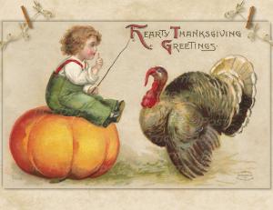 Single Hand Designed Postcard Thanksgiving Greeting Child on Pumpkin w/ Turkey