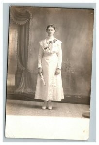 Vintage 1910's RPPC Postcard of Portrait of Woman in Formal Living Room